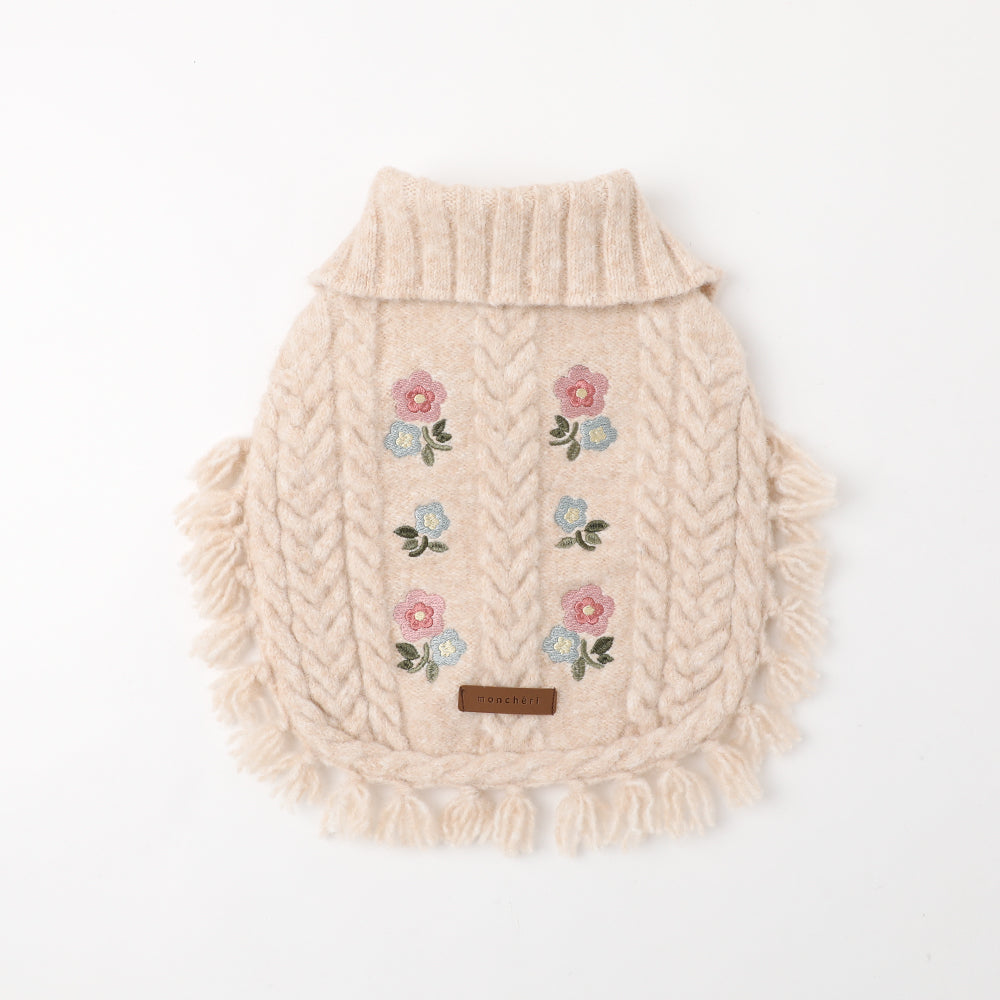 Flower Embroidery Cable Knit Poncho