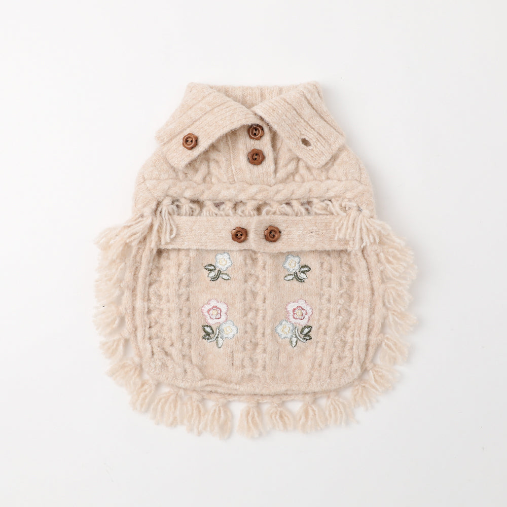 Flower Embroidery Cable Knit Poncho