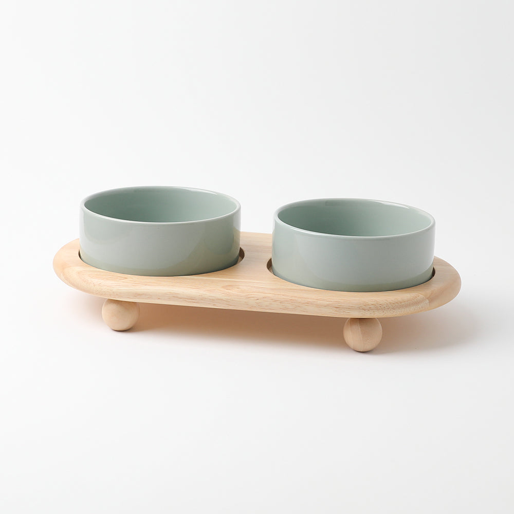 Wood Ball Base Double Food Bowl