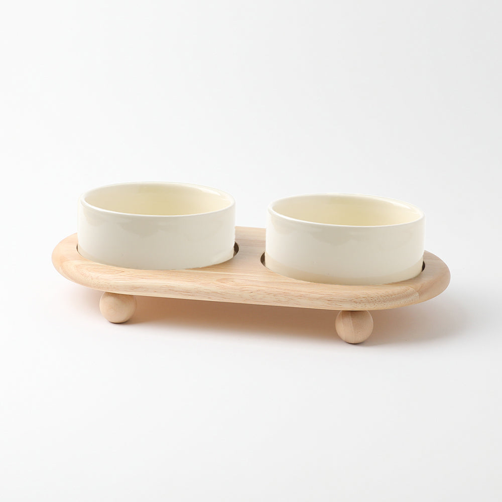 Wood Ball Base Double Food Bowl