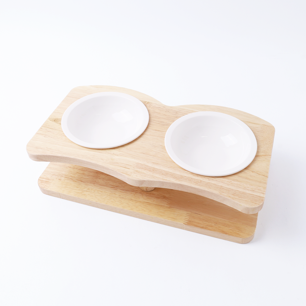 Wood Stand Curve Double Food Bowl