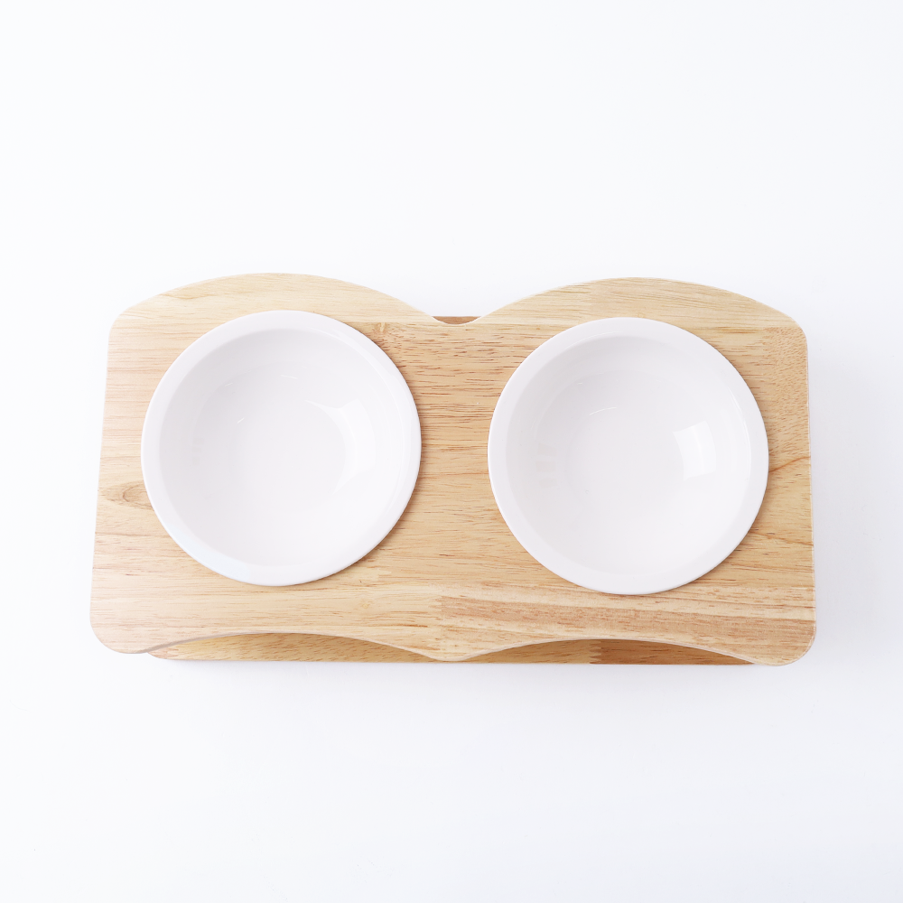 Wood Stand Curve Double Food Bowl