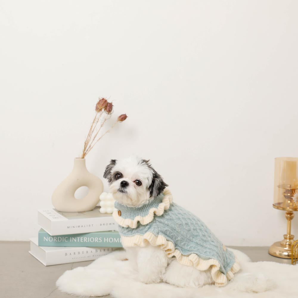 Bicolor Frilled Cable Knit Poncho
