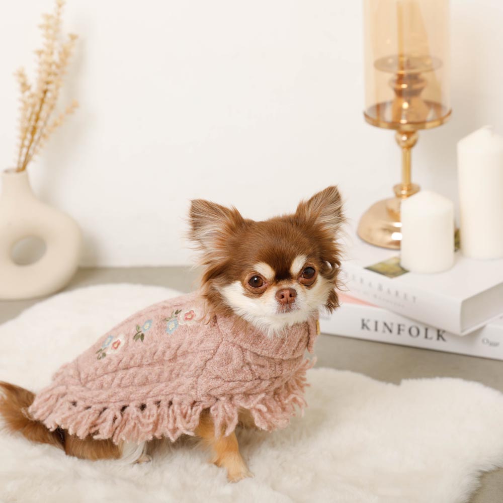 Flower Embroidery Cable Knit Poncho