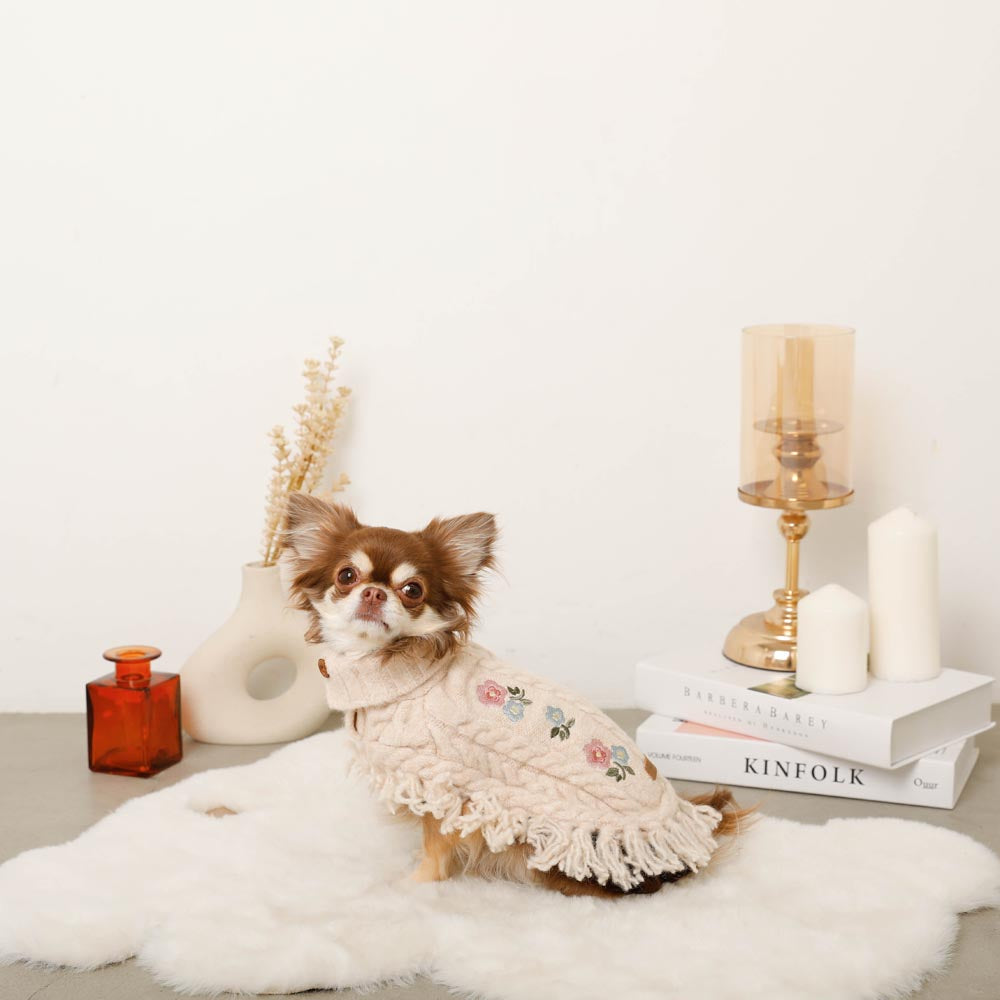 Flower Embroidery Cable Knit Poncho