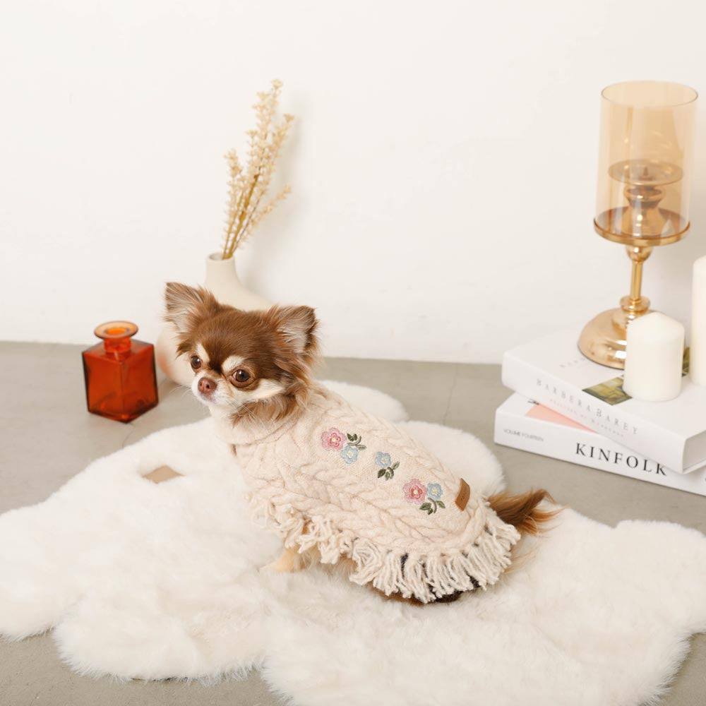 Flower Embroidery Cable Knit Poncho